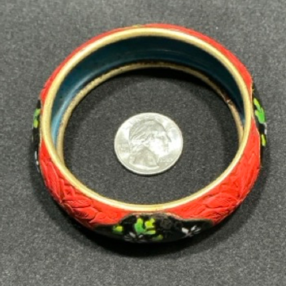 Vintage Cinnabar Cloisonne Floral Bangle Bracelet Size 8 Never Owned - Picture 4 of 6